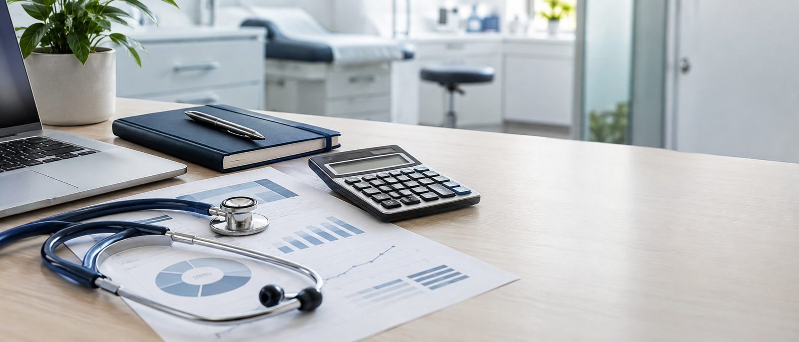 Mesa de consultório com laptop, calculadora, estetoscópio e relatórios financeiros da clínica